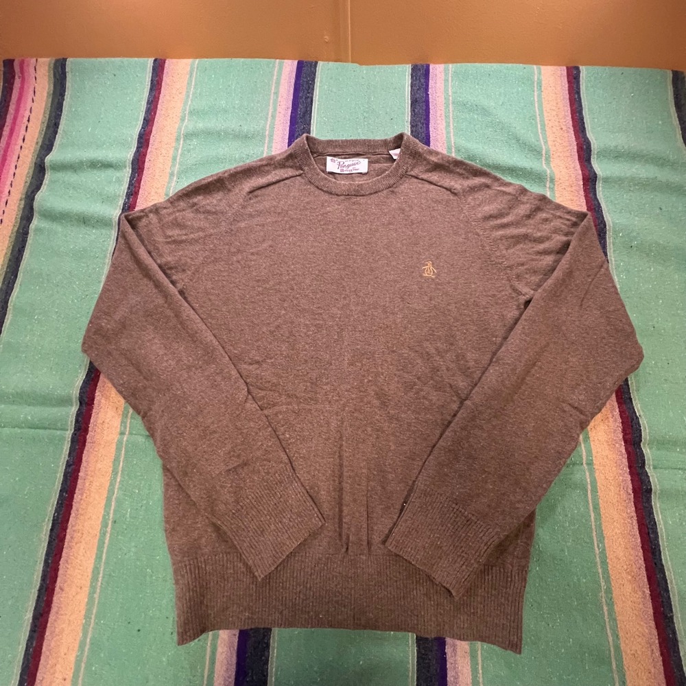 Original Penguin Sweater Mens L Brown Cotton Cashmere Crewneck Logo Pullover